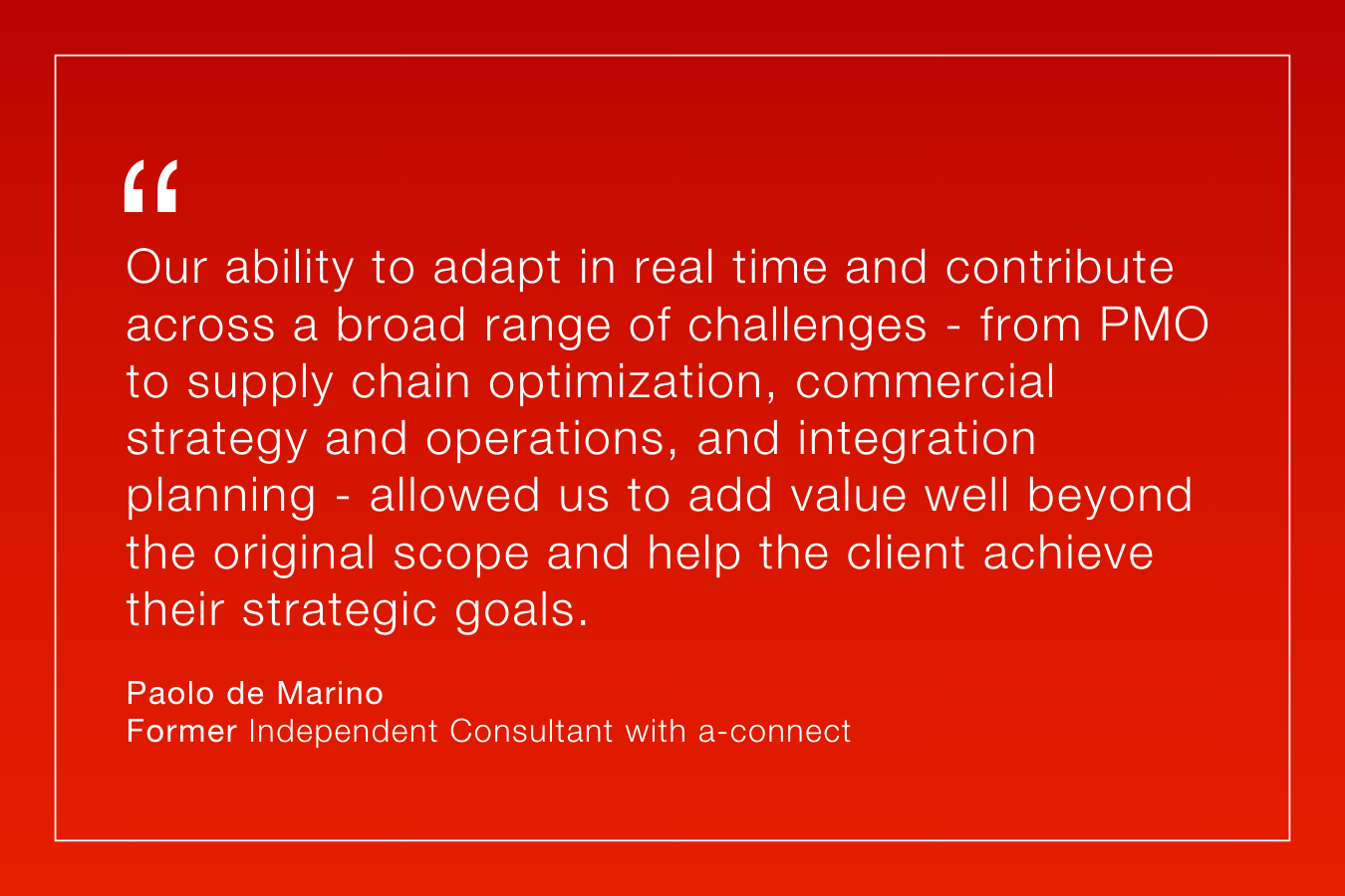 Our ability to adapt in real time and contribute across a broad range of challenges - from PMO to supply chain optimization, commercial strategy and operations, and integration planning - allowed us to add value well beyond the original scope and help the client achieve their strategic goals.